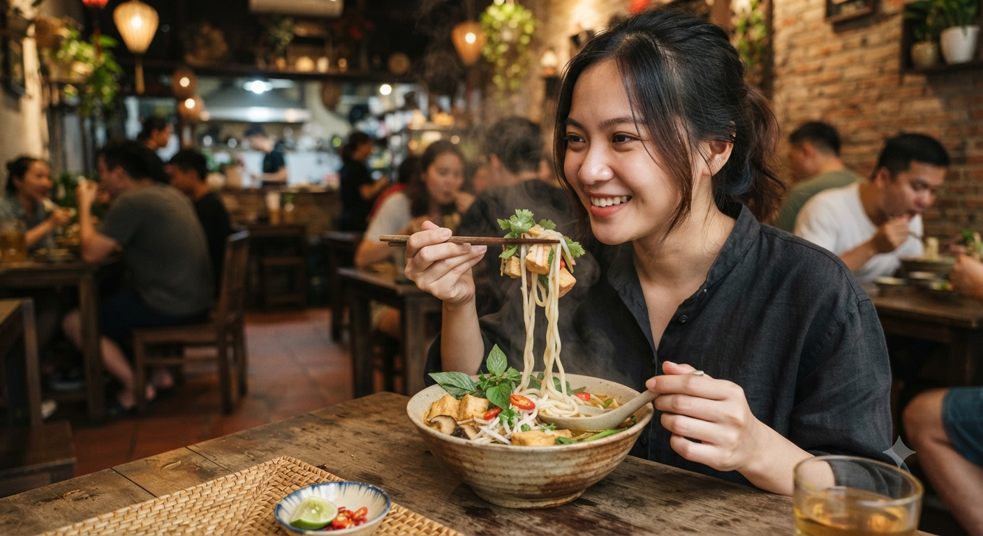 Trải nghiệm vị giác và cảm giác khi ăn mì nước ấm nóng